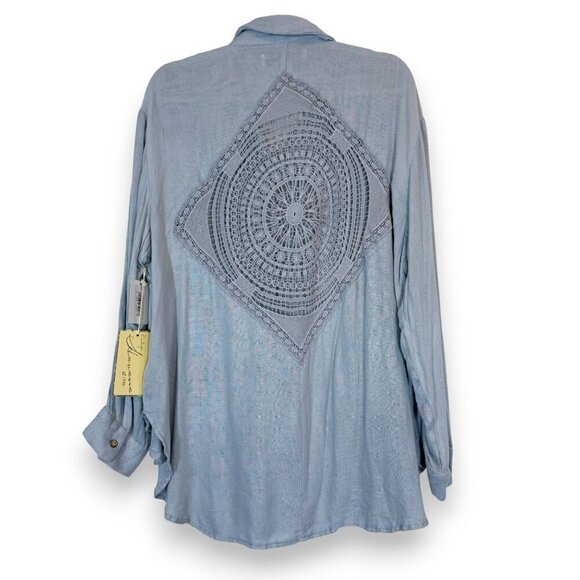 Vintage Havana Crochet Detail Tunic Button Up Top Blouse Shirt Blue Boho Medium - Picture 14 of 14